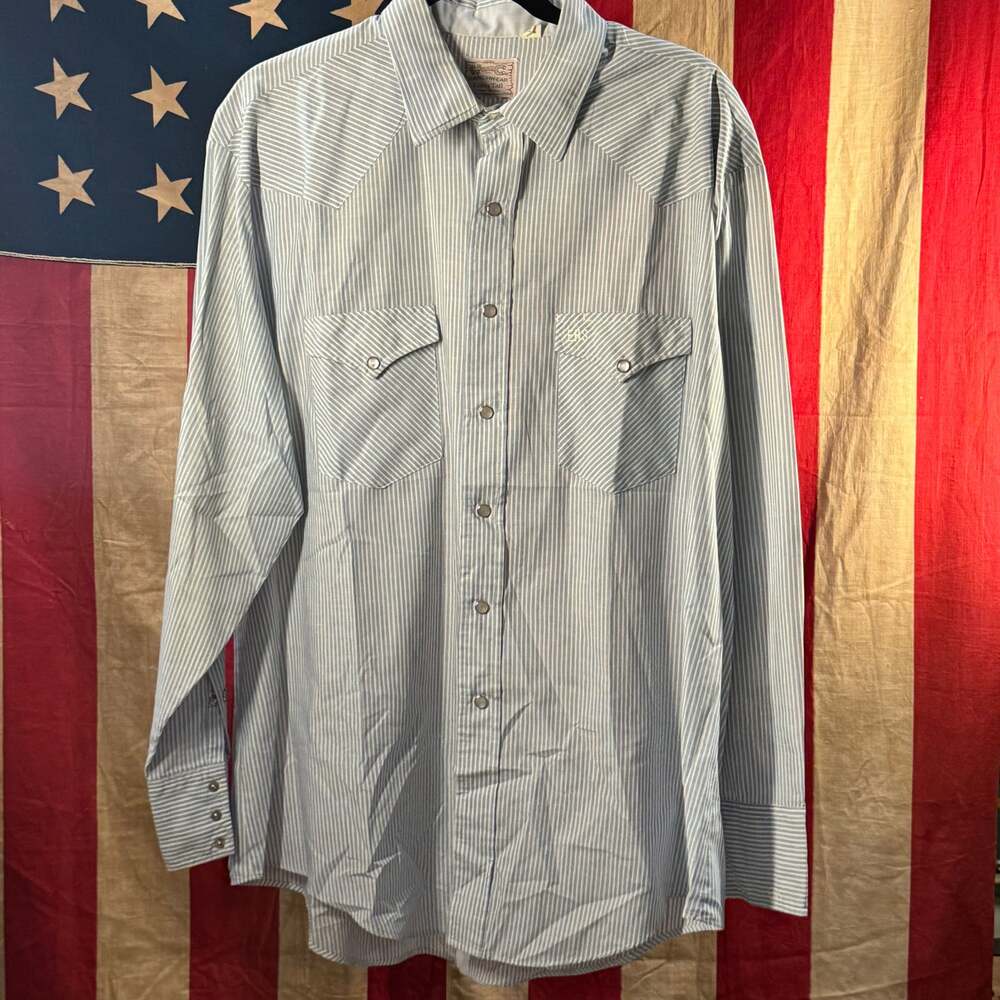 Vintage H Bar C Blue Striped Pearl Snap Western Shirt